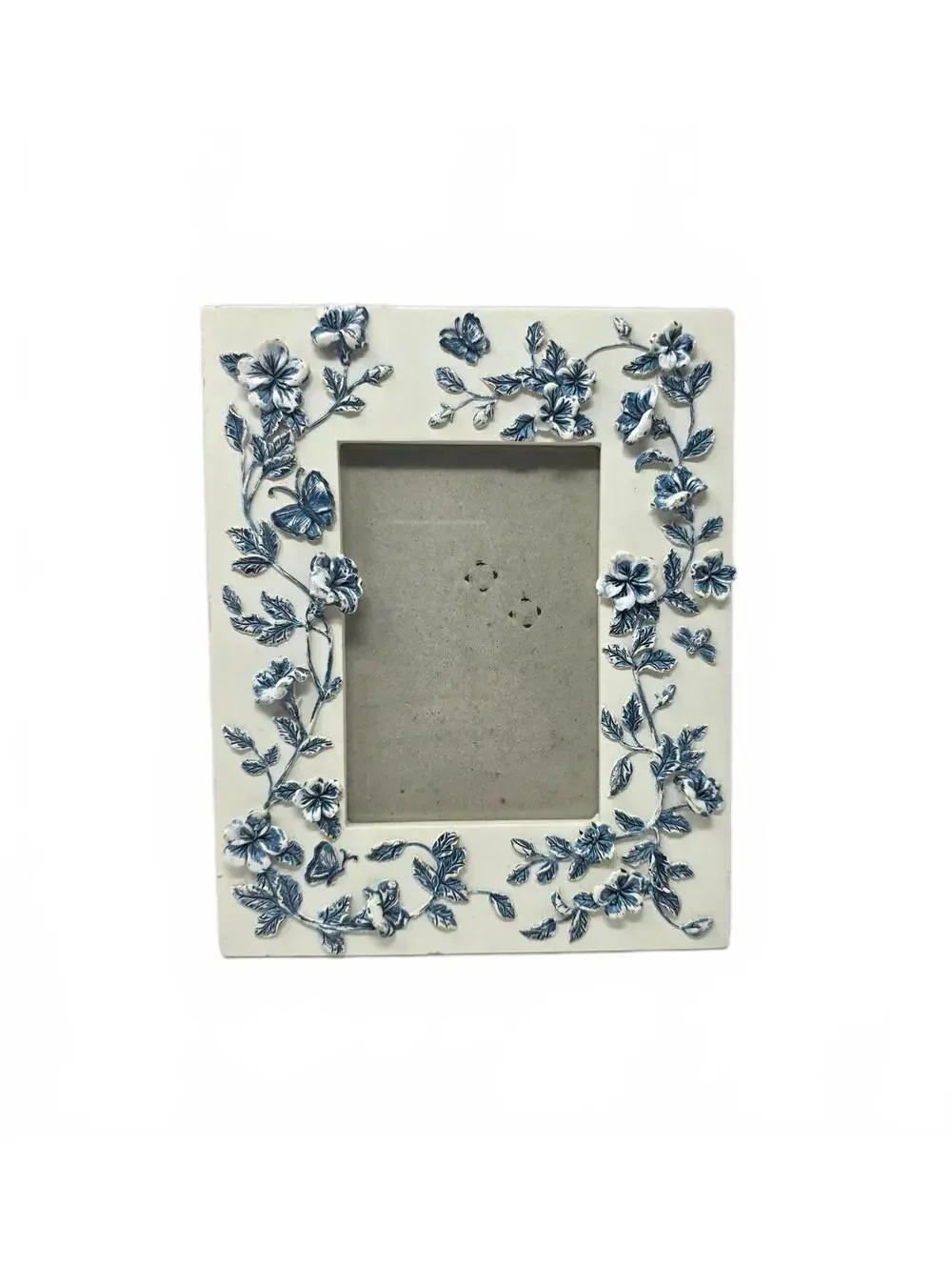 Vintage Blue White Floral Butterfly Resin Frame 3.5x5 Cottagecore
